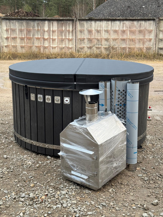 200 cm round fiberglass hot tub with WPC cladding and external stainless steel wood-fired heater