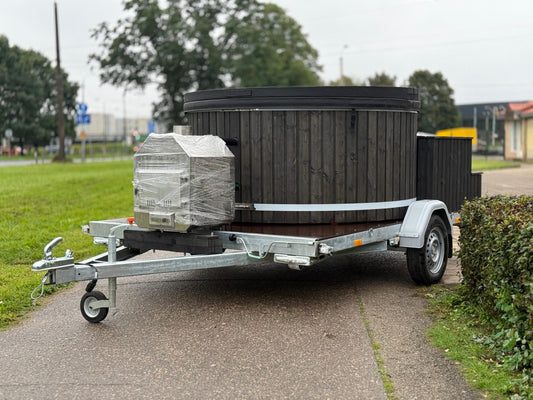 200 cm fiberglass trailer hot tub with external wood-fired heater and insulated cover closed, front angle view