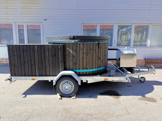 200 cm fiberglass trailer hot tub with external wood-fired heater and Taurus trailer platform