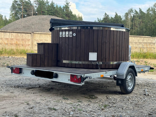 200 cm fiberglass trailer hot tub with external wood-fired heater, hydromassage, air massage, large LED and thermometer