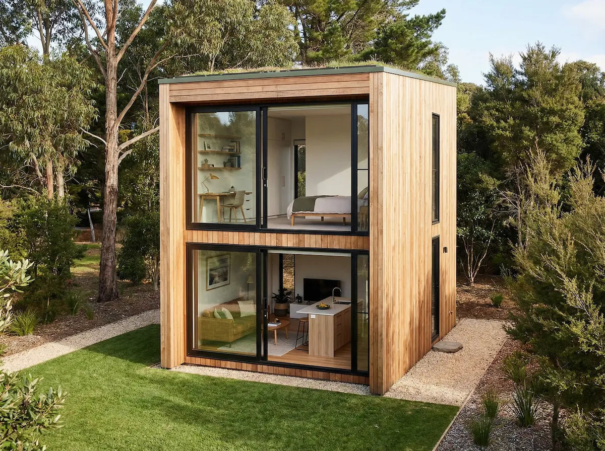 Compact two storey timber house with flexible multi-zone layout UK