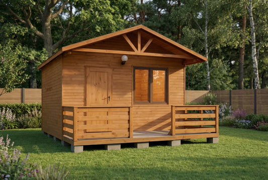 Foxglove Lodge 3 by Woodera – timber garden lodge with front porch in landscaped garden