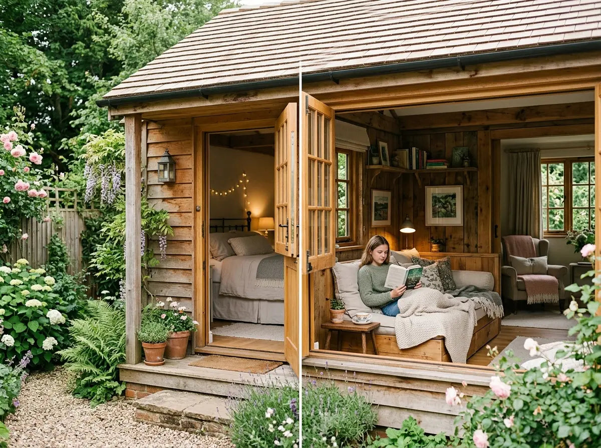 Timber garden guest house with natural wood interior in UK garden