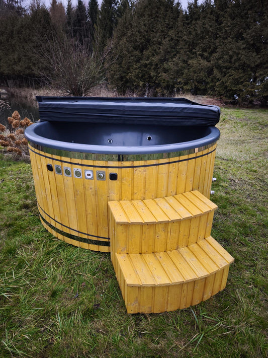 200 cm glitter fiberglass round hot tub with external wood-fired heater and wooden steps