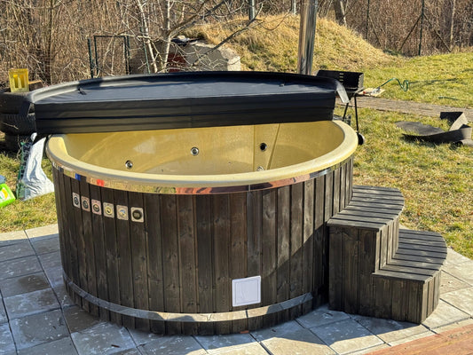 200 cm gold glitter fiberglass round hot tub with external wood-fired heater, steps and thermo lid