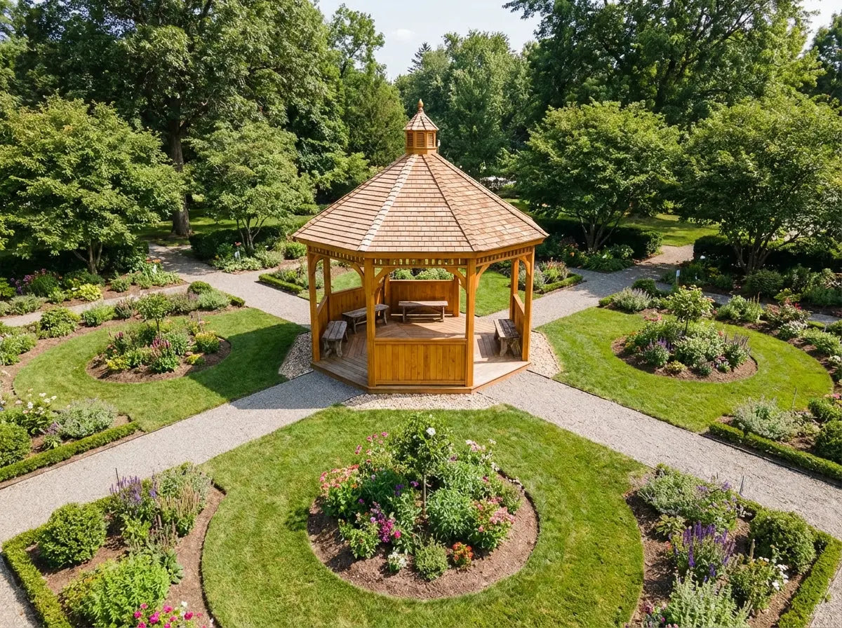 Hexagonal wooden gazebo as centrepiece in landscaped UK garden