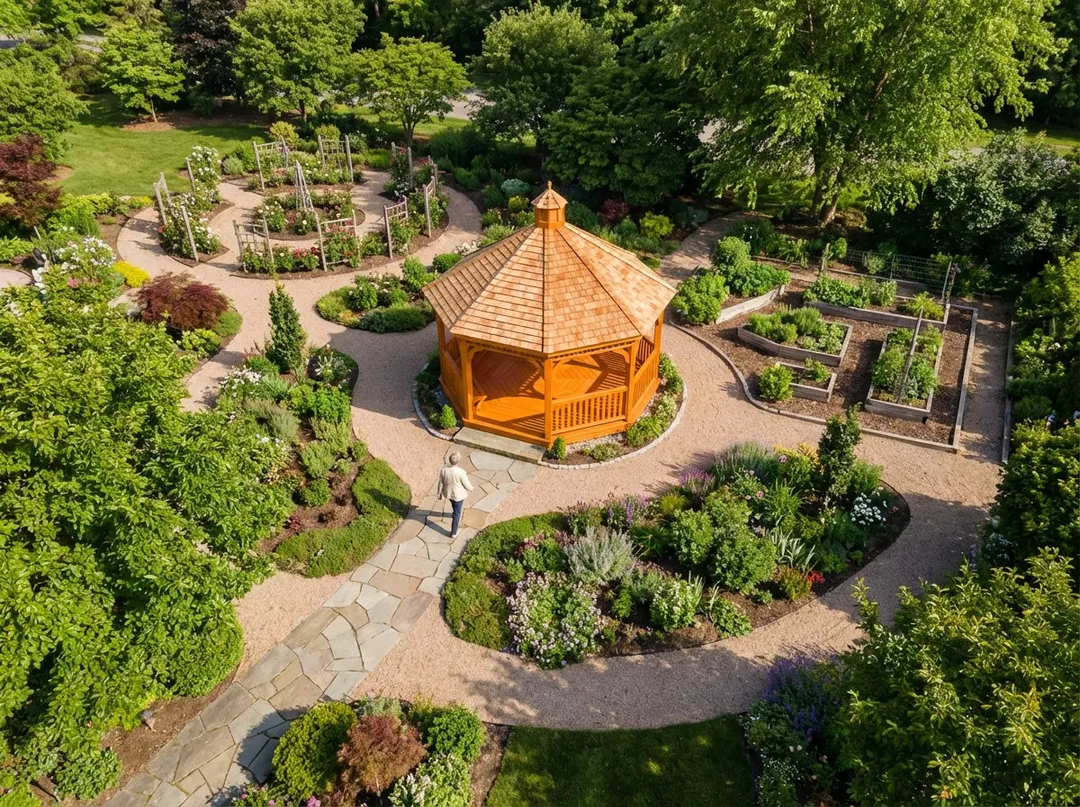 Large hexagonal wooden gazebo for landscaped garden setting UK