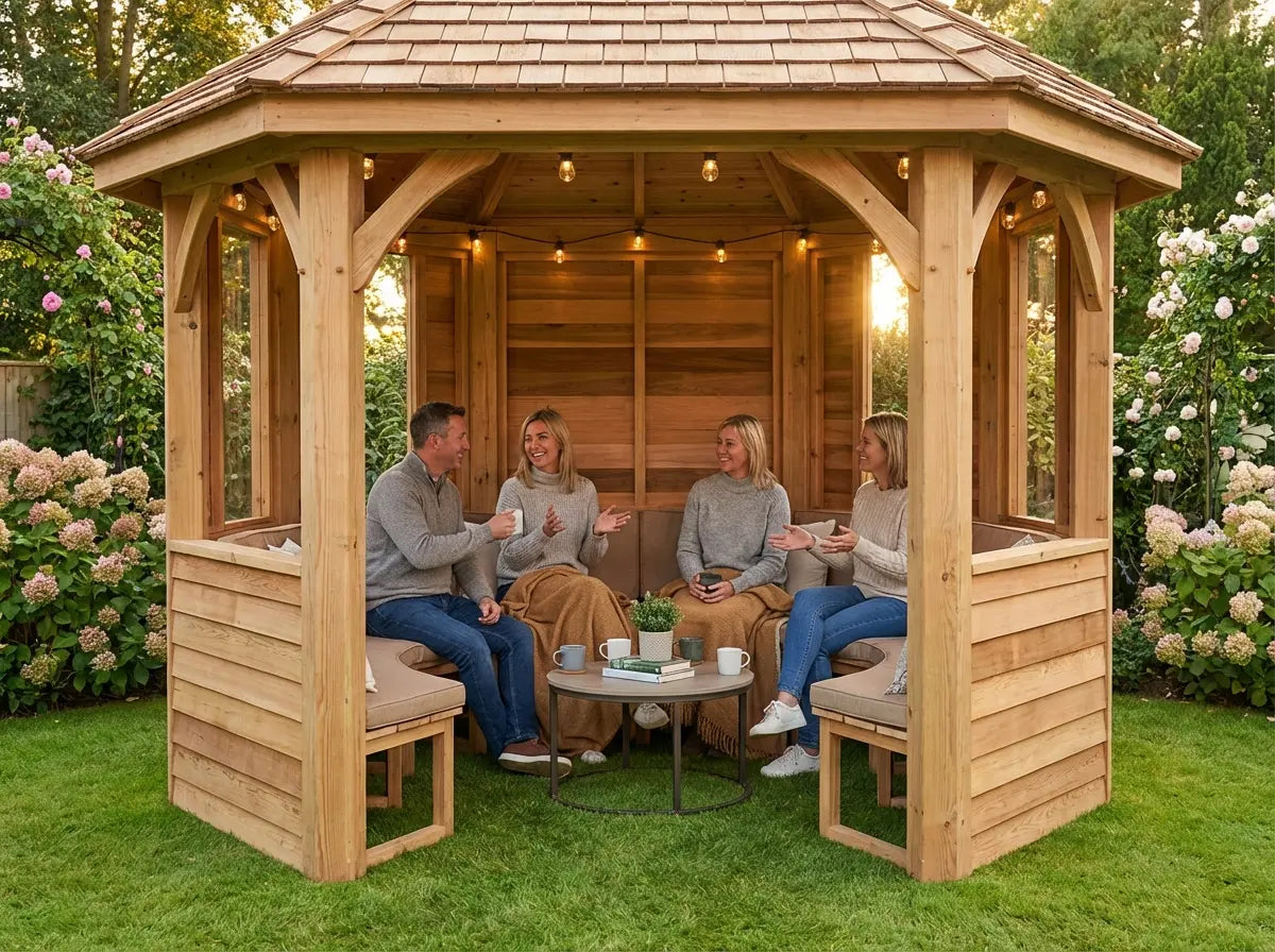 Hexagonal wooden gazebo with built in seating for UK garden