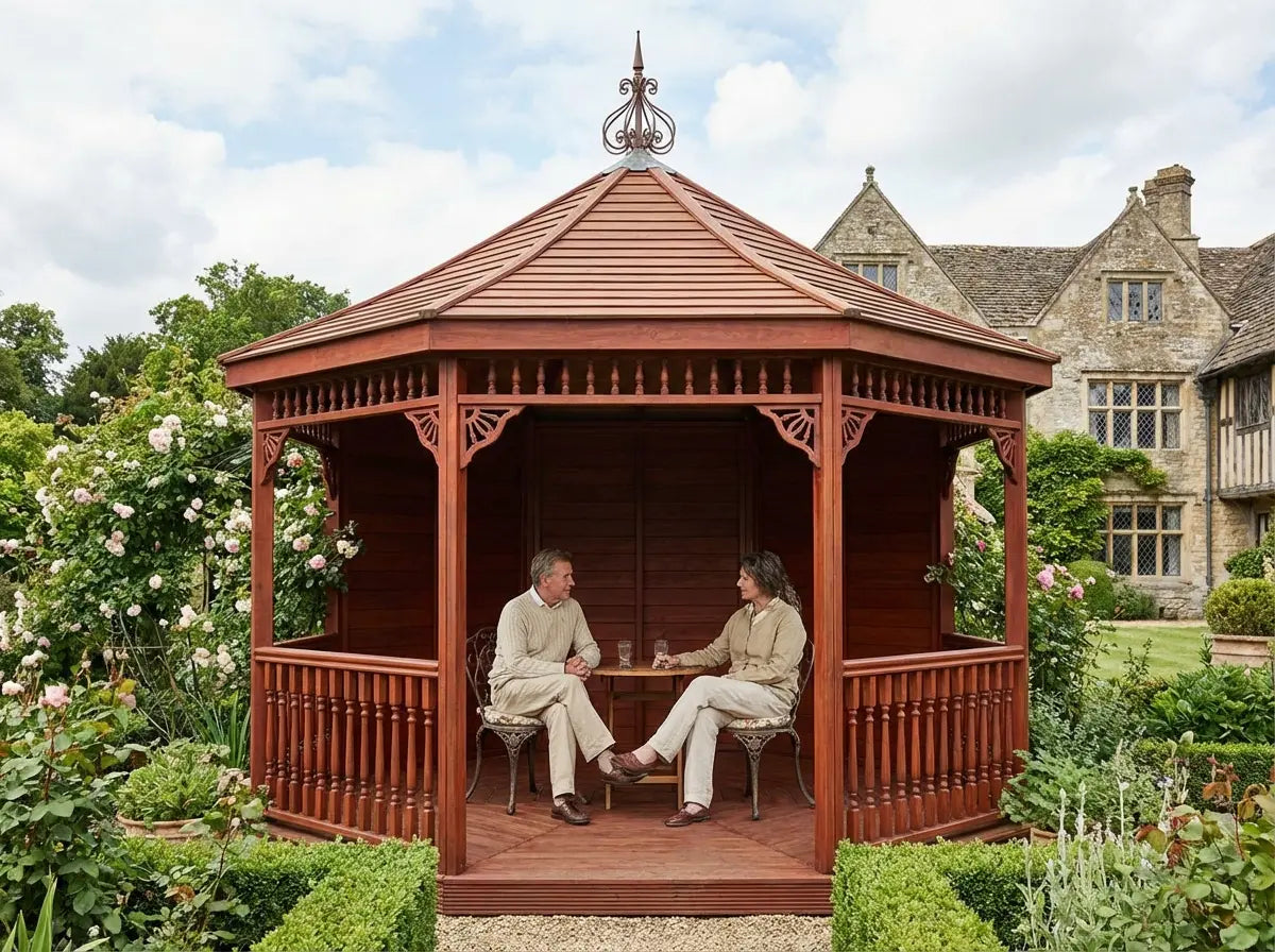 Traditional hexagonal wooden gazebo with decorative detailing UK
