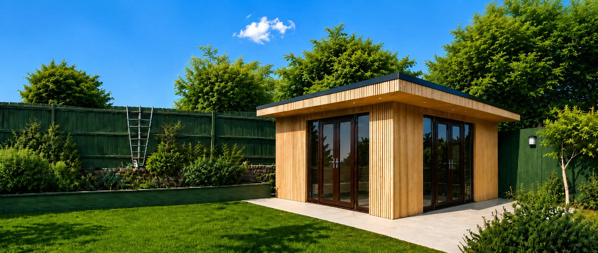 Completed modern garden sauna by Woodera with timber cladding and full-height glazing in a UK garden.