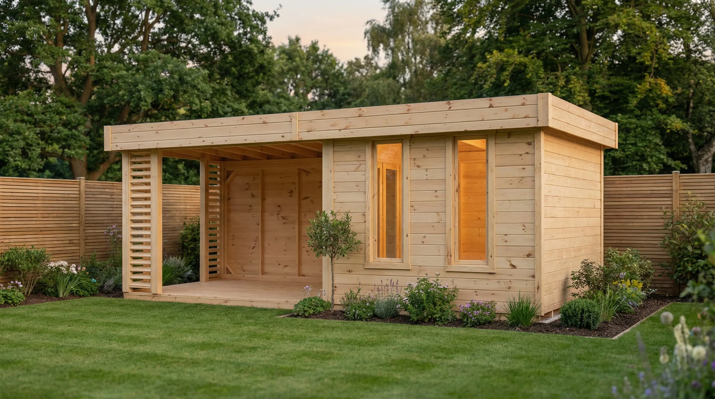 Kensington by Woodera modern flat roof garden room with glass doors
