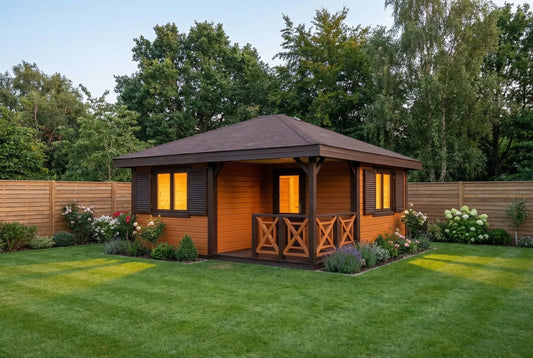 Larch Lodge by Woodera – modern timber garden lodge with covered veranda