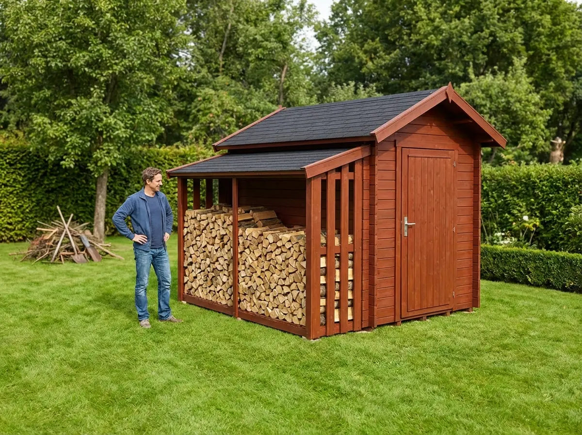 Timber garden shed with attached woodshed for tidy log storage UK