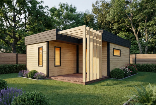 Lindenwood Wooden House by Woodera – modern timber garden house with pergola terrace