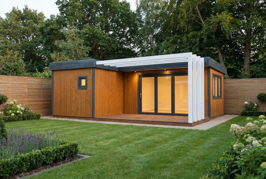 Meadowline Wooden House by Woodera – modern timber garden house with large glass doors