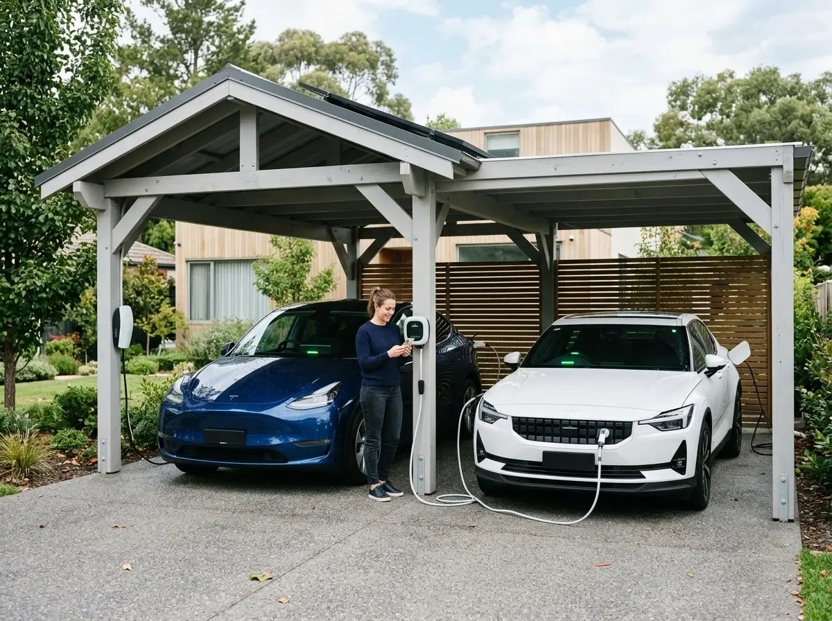 Modern double wooden carport with EV charging points UK