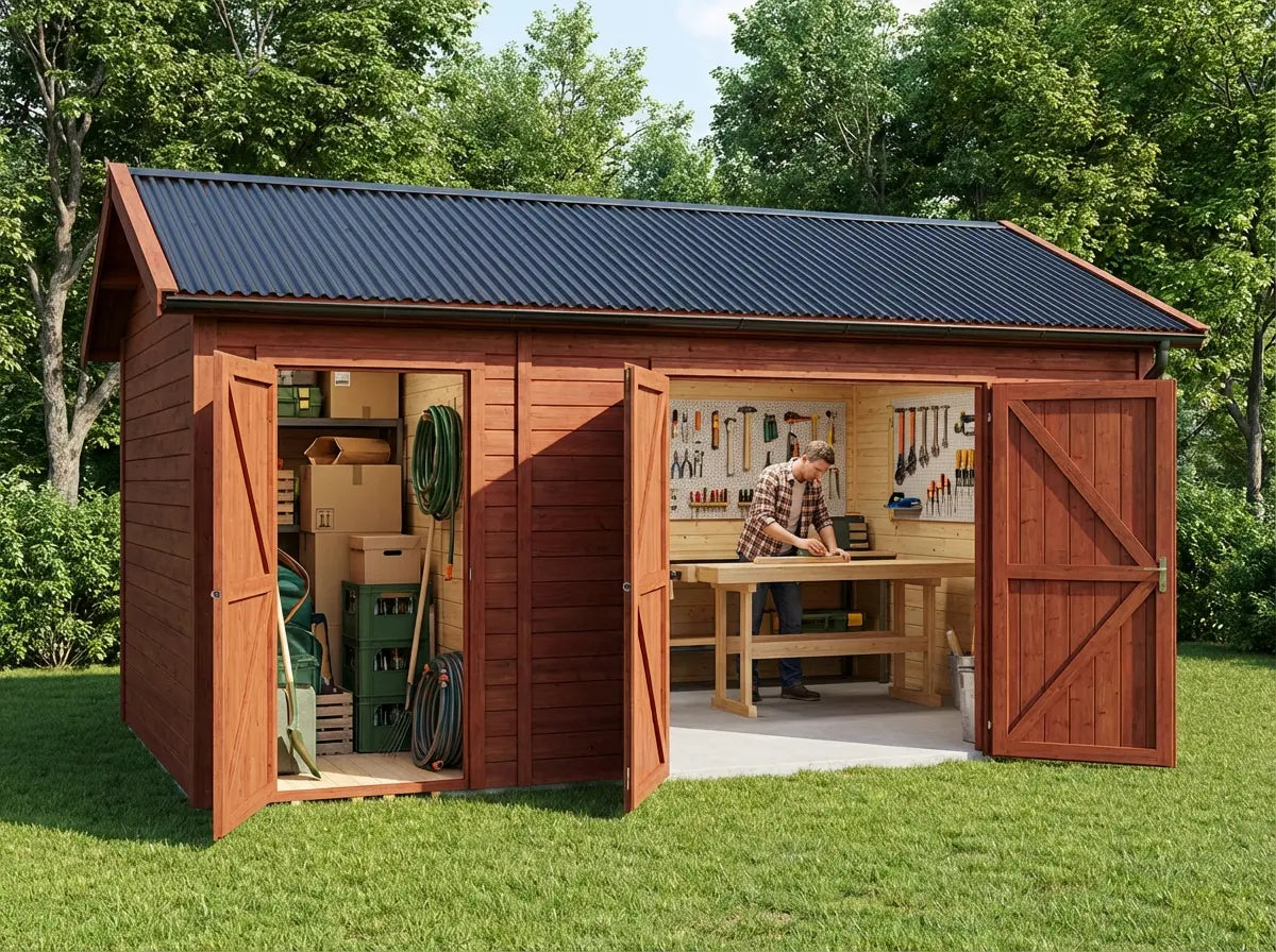 Timber garden shed with separate storeroom and workshop space UK