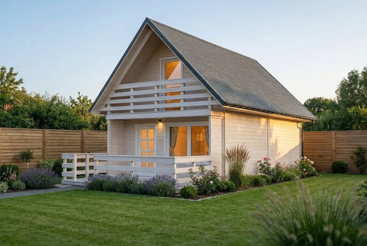 Oakline Wooden House by Woodera – modern two-storey timber garden house with balcony