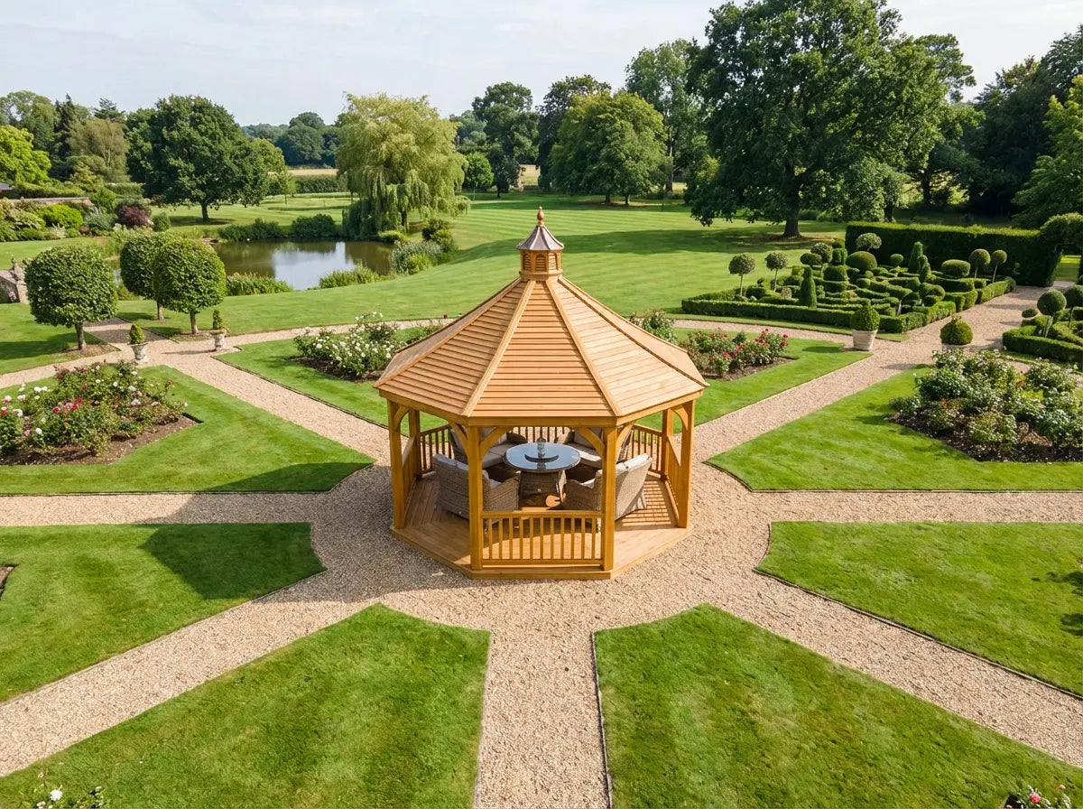 Large octagonal wooden gazebo in landscaped UK garden