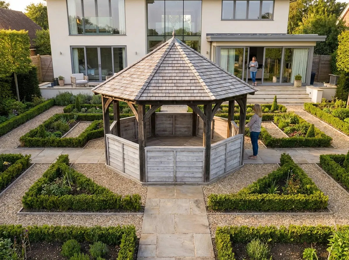 Octagonal wooden gazebo for modern UK property garden