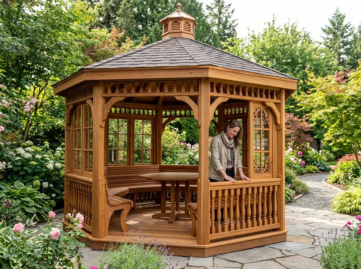 Traditional octagonal wooden gazebo with decorative balustrade UK