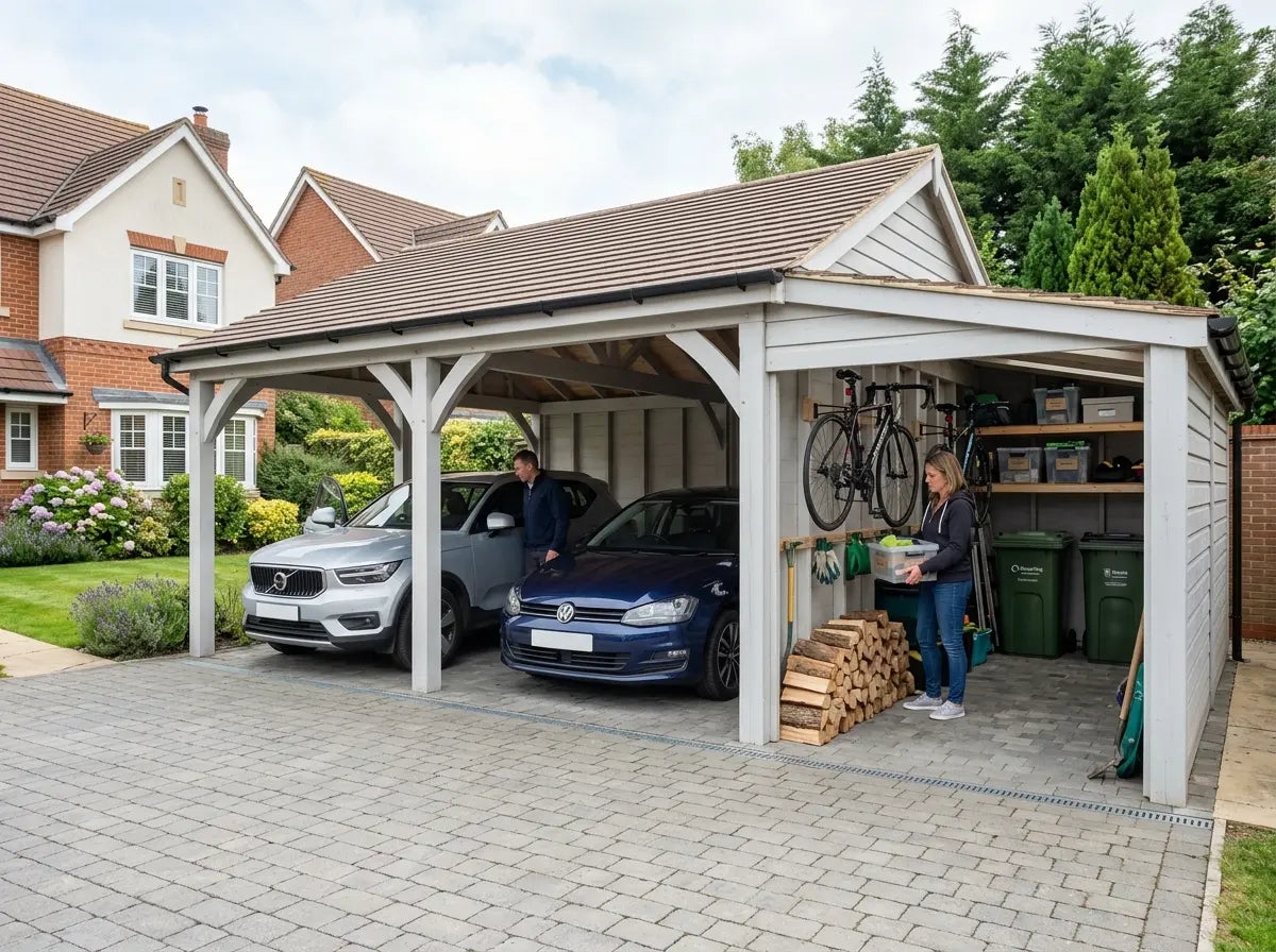 Three bay wooden carport with additional storage area UK