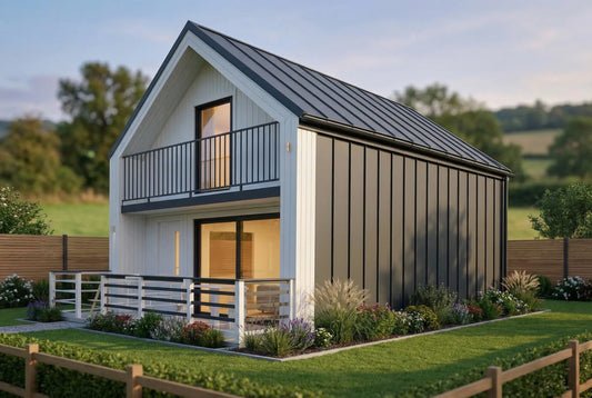 Pino Barn Wooden House by Woodera – modern barn-style timber garden house with balcony