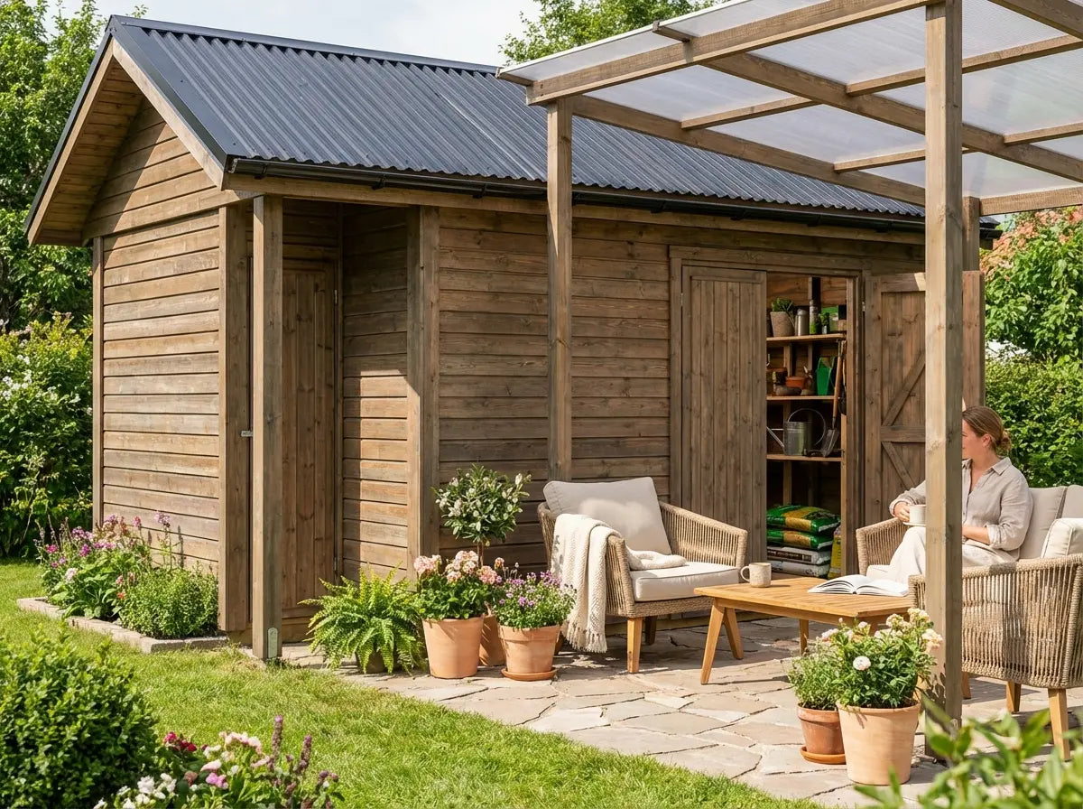 Wooden garden shed with covered terrace and seating area in UK garden