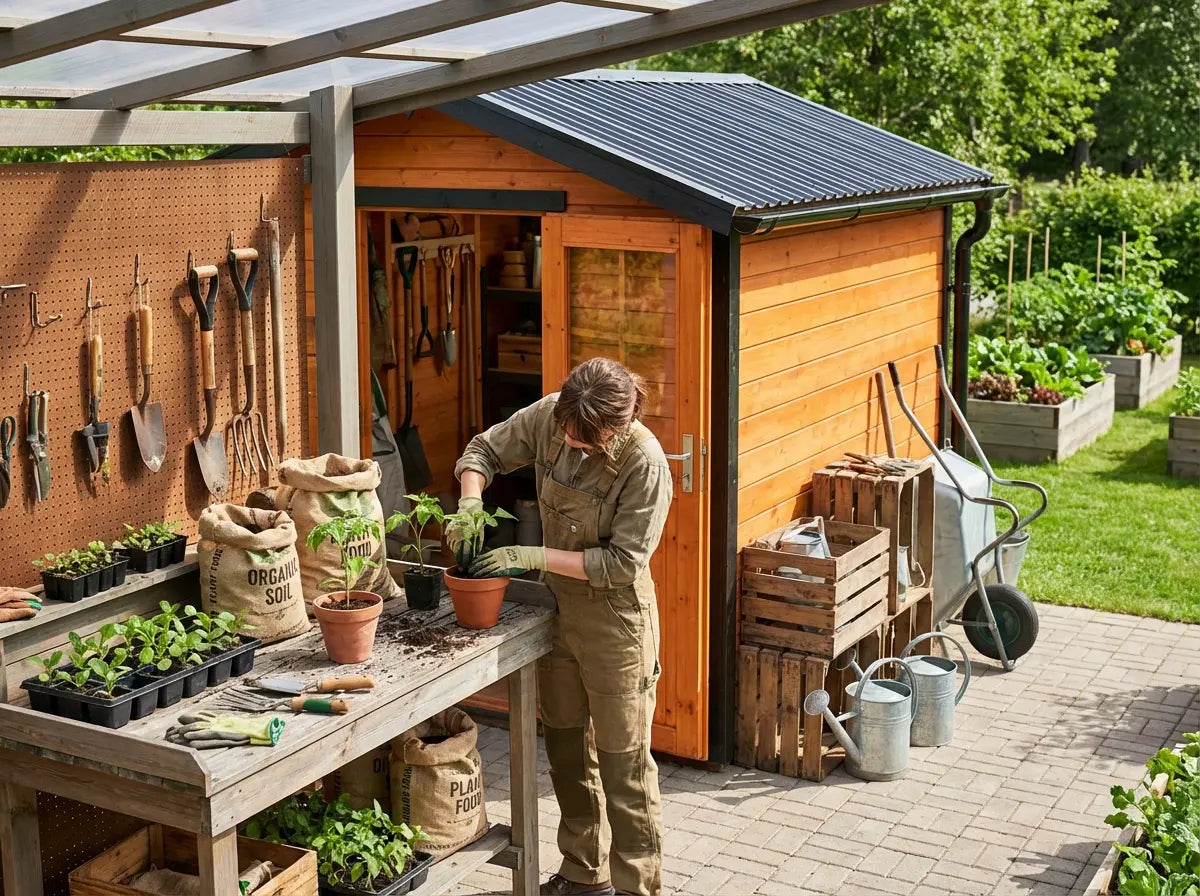 Timber garden shed with covered outdoor workspace for gardening UK