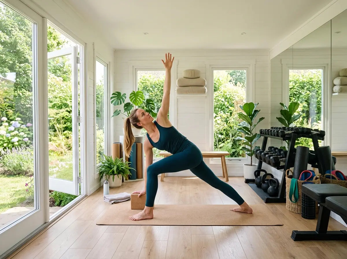Insulated garden gym building used for yoga and home workouts