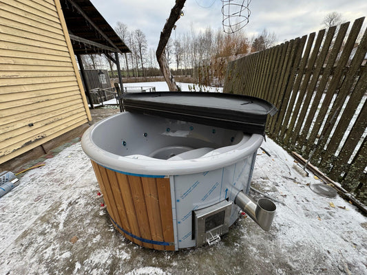 Premium 200 cm round fiberglass hot tub with integrated wood-fired heater, thermowood cladding and open thermo lid