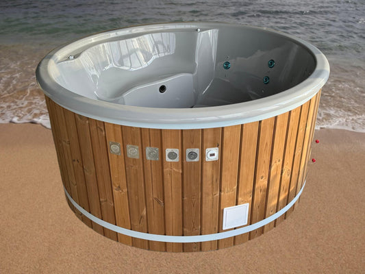 Premium 200 cm round fiberglass hot tub with integrated wood-fired heater, thermowood cladding and massage controls