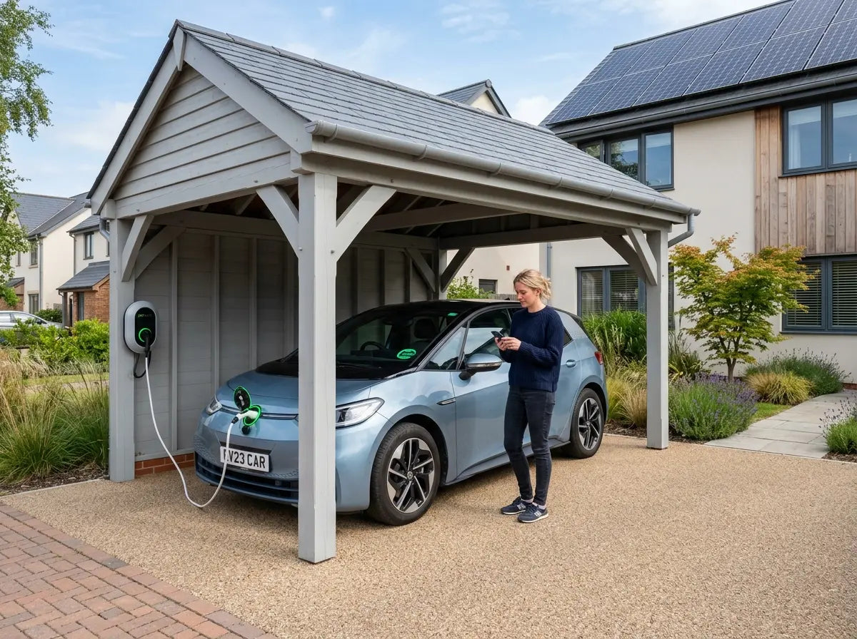 Single wooden carport with EV charger for electric vehicle UK