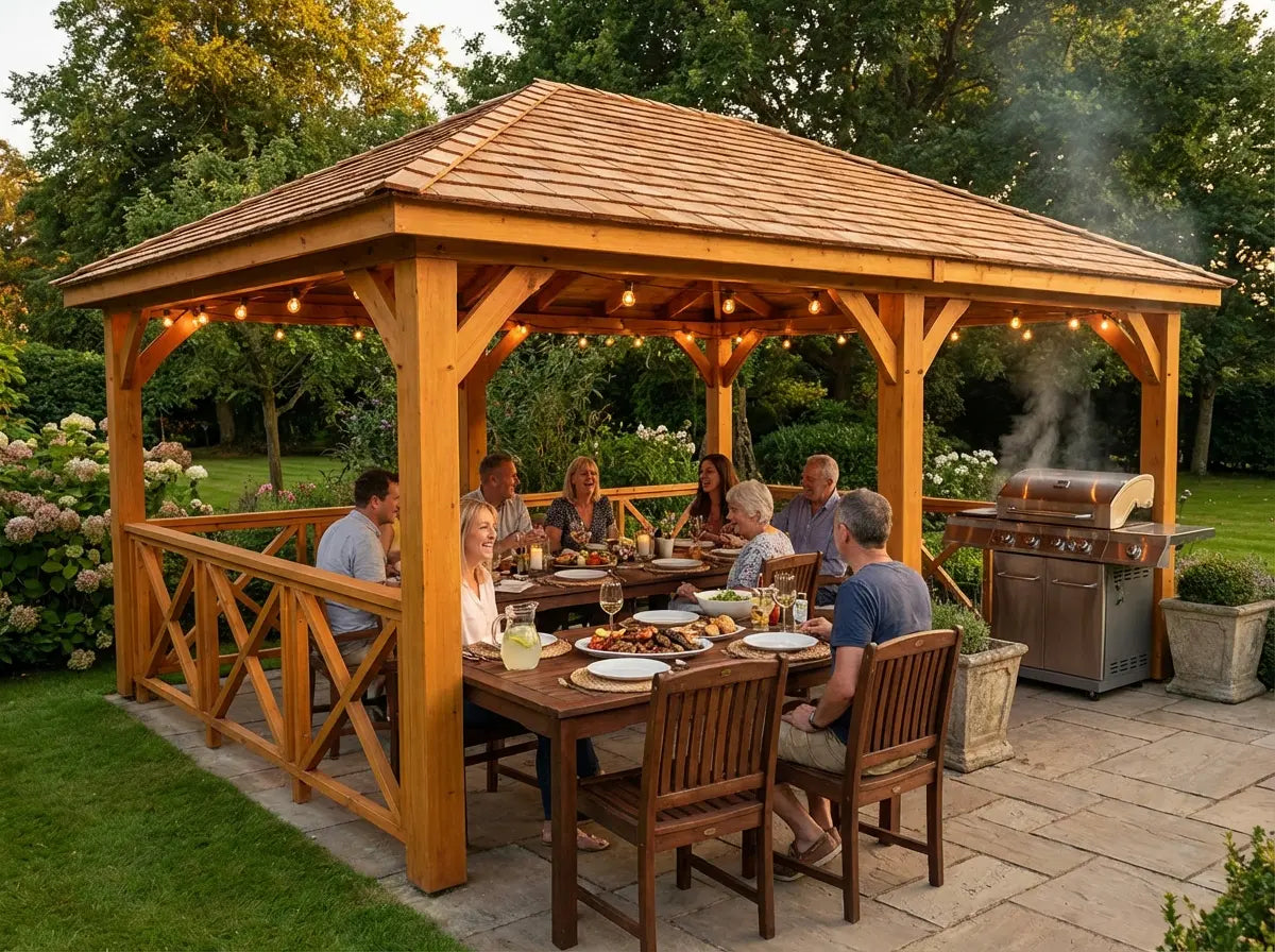Large square wooden gazebo for outdoor dining in UK garden