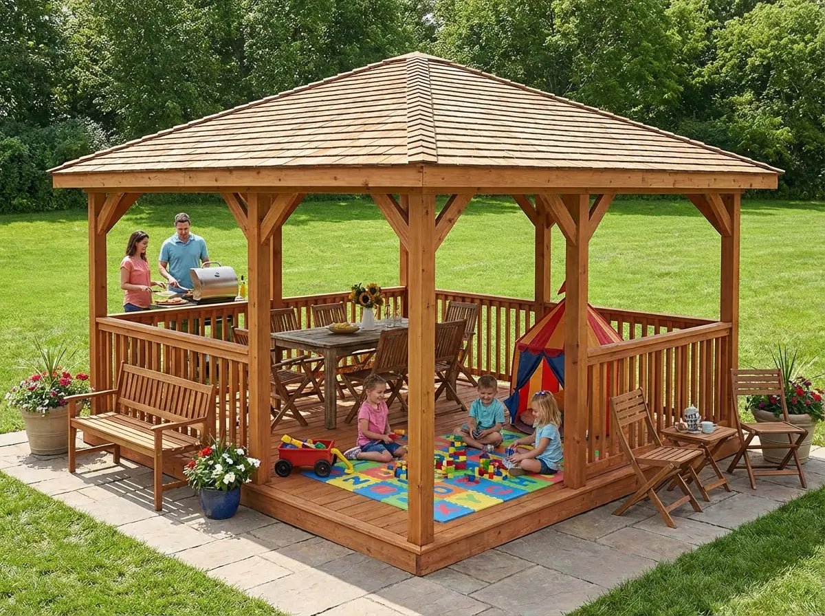 Square wooden gazebo for family garden seating and play area UK