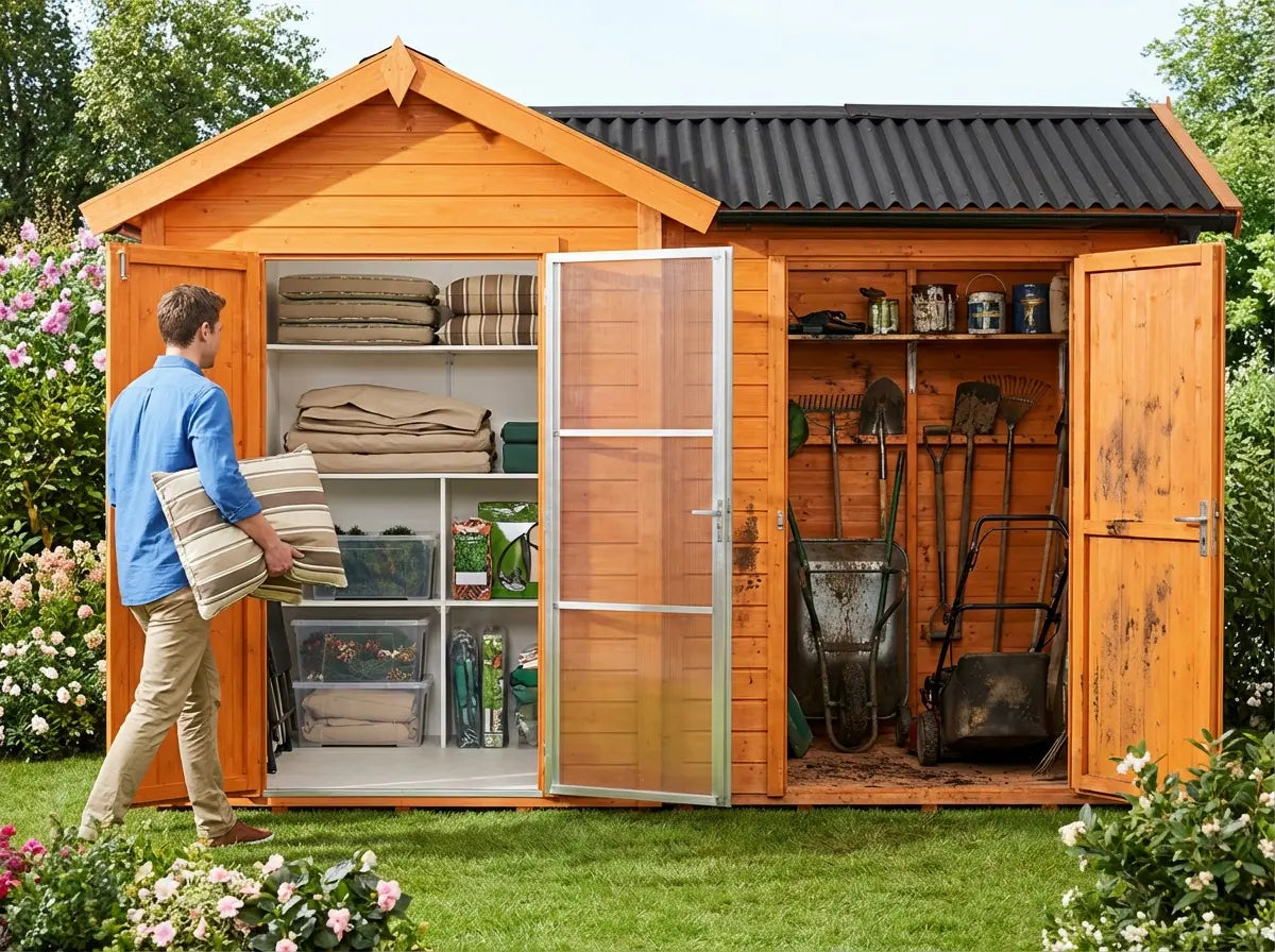 Garden shed with partitioned storage room separate from garden tools UK