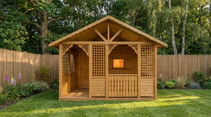 Thornfield Lodge by Woodera traditional timber garden lodge with decorative lattice