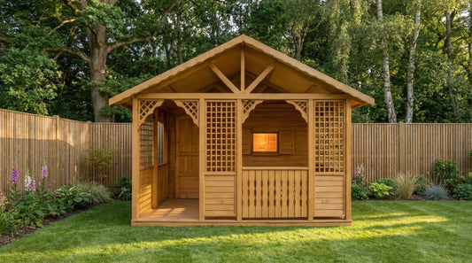 Thornfield Lodge by Woodera traditional timber garden lodge with decorative lattice
