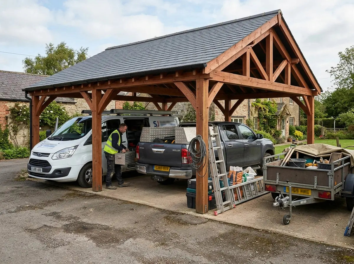 Heavy duty three car wooden carport for vehicles and equipment