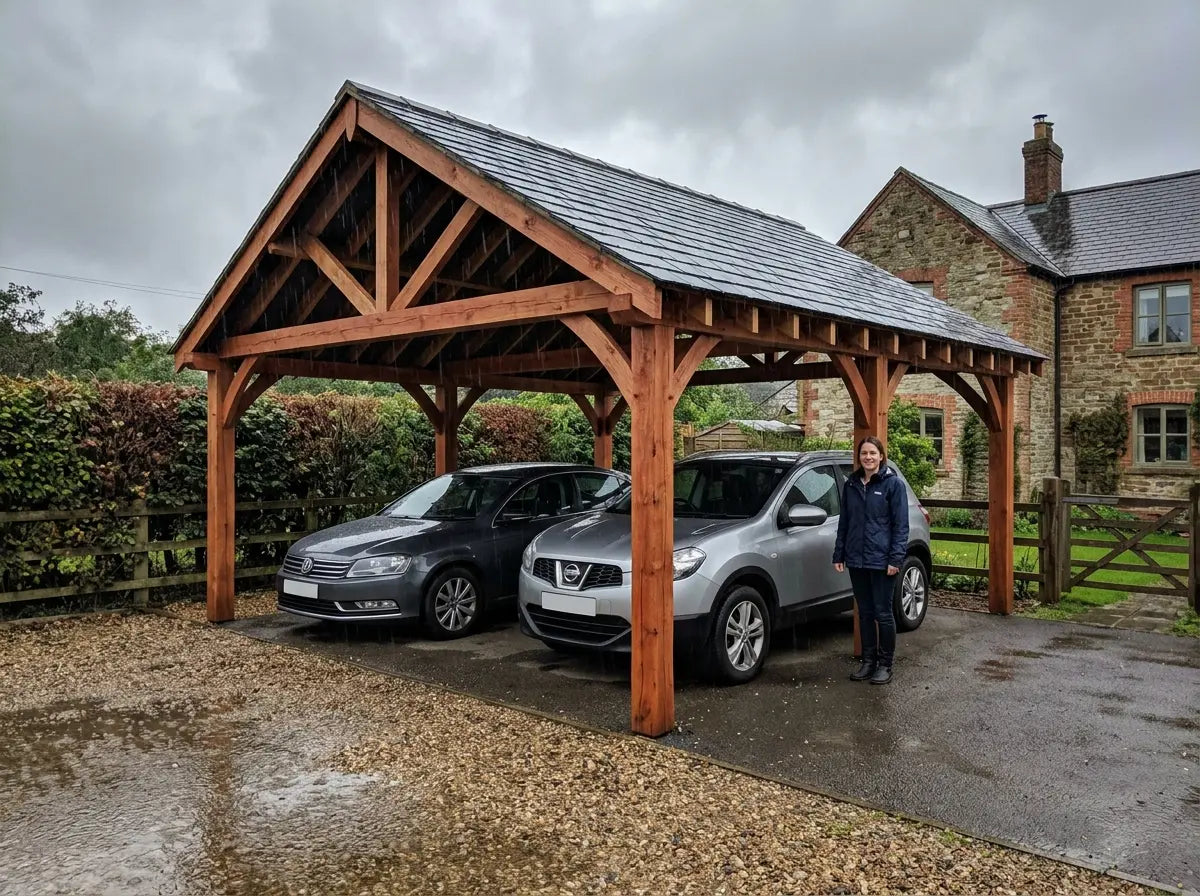 Oak framed double wooden carport for weather protection UK