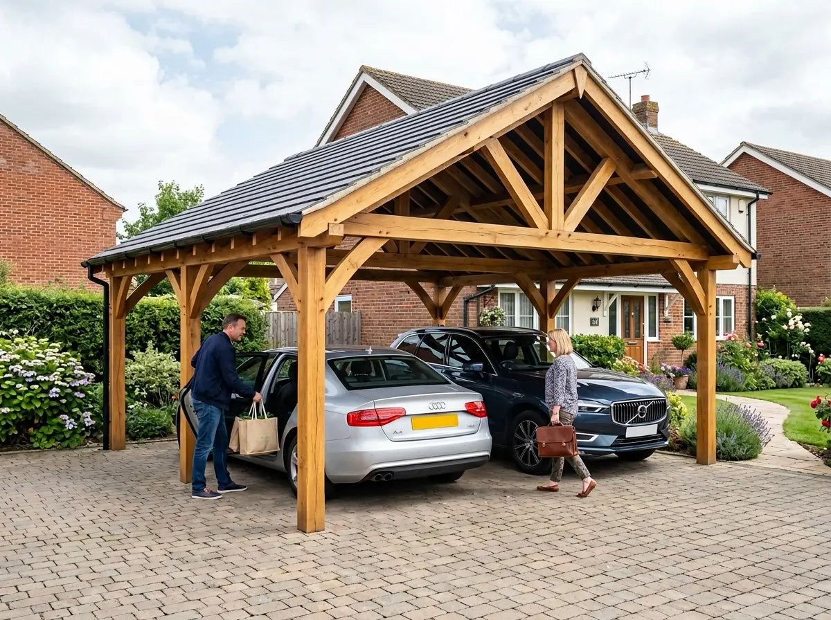 Double wooden carport with pitched roof for UK driveway
