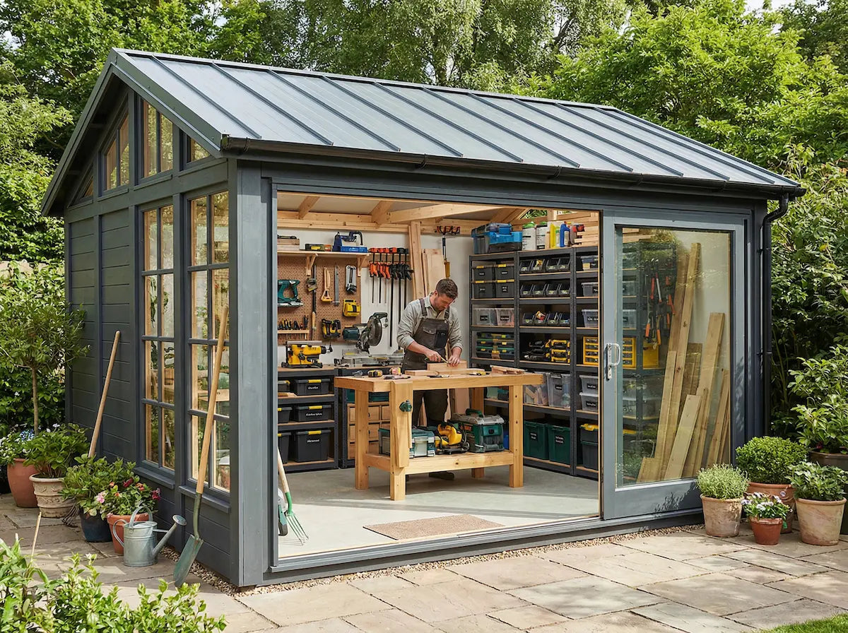 Modern timber garden workshop shed with sliding glass doors UK