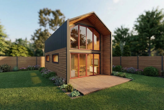 Windale Wooden House by Woodera – modern timber garden house with panoramic glass front