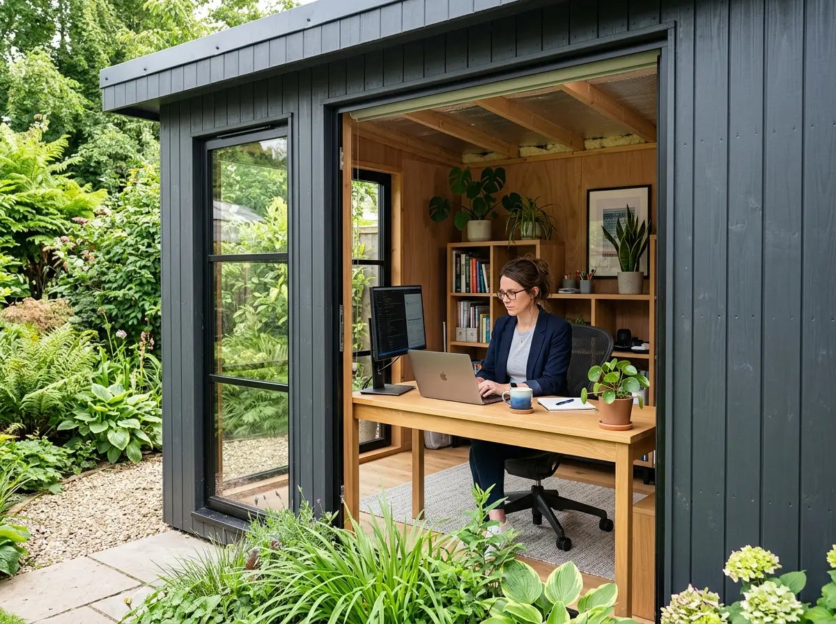Modern garden office building with woman working from home in UK