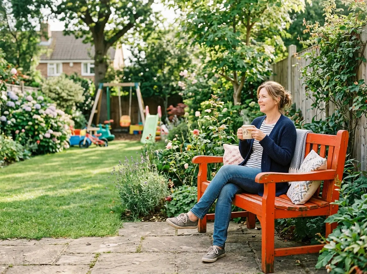 Wooden garden bench seating set for relaxing outdoor space UK