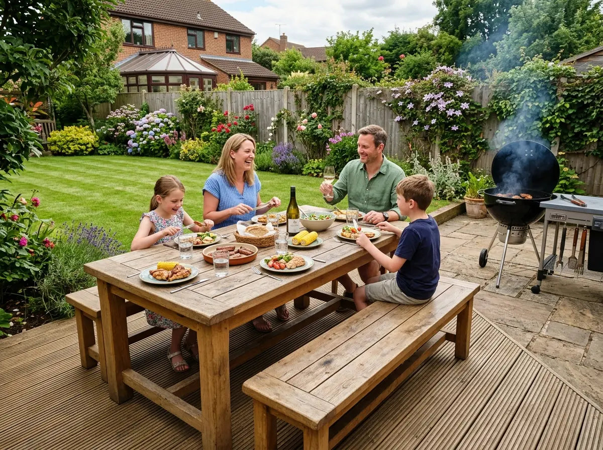 Wooden outdoor dining table and bench set for UK garden