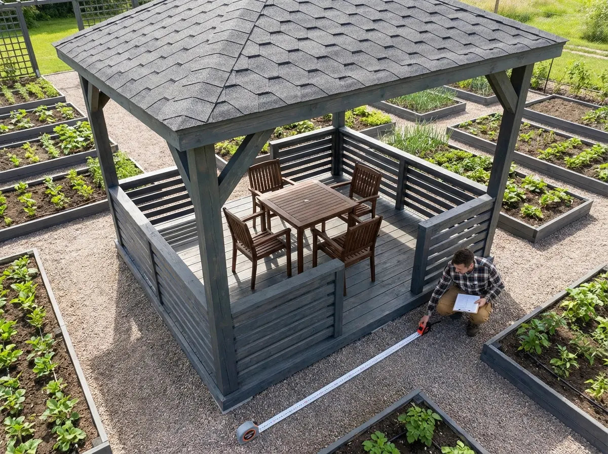 Square wooden gazebo with roof for garden and allotment use UK