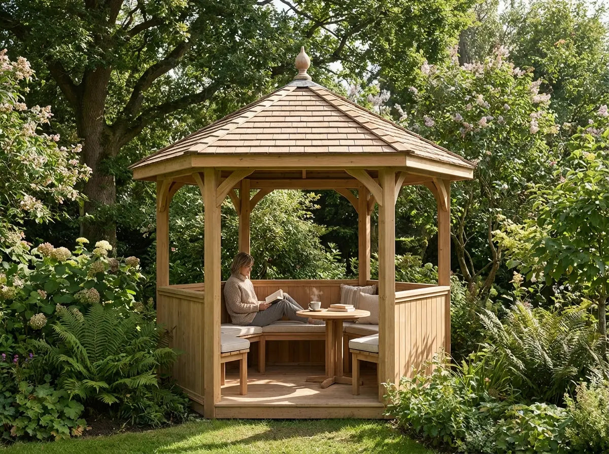 Wooden garden gazebo with roof for relaxing outdoor retreat UK
