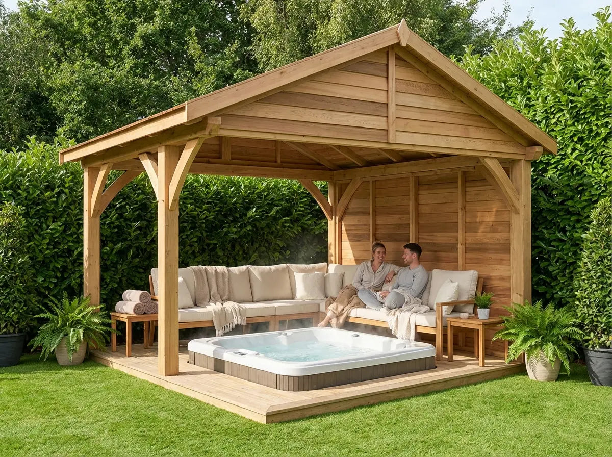 Timber garden gazebo providing covered hot tub shelter UK
