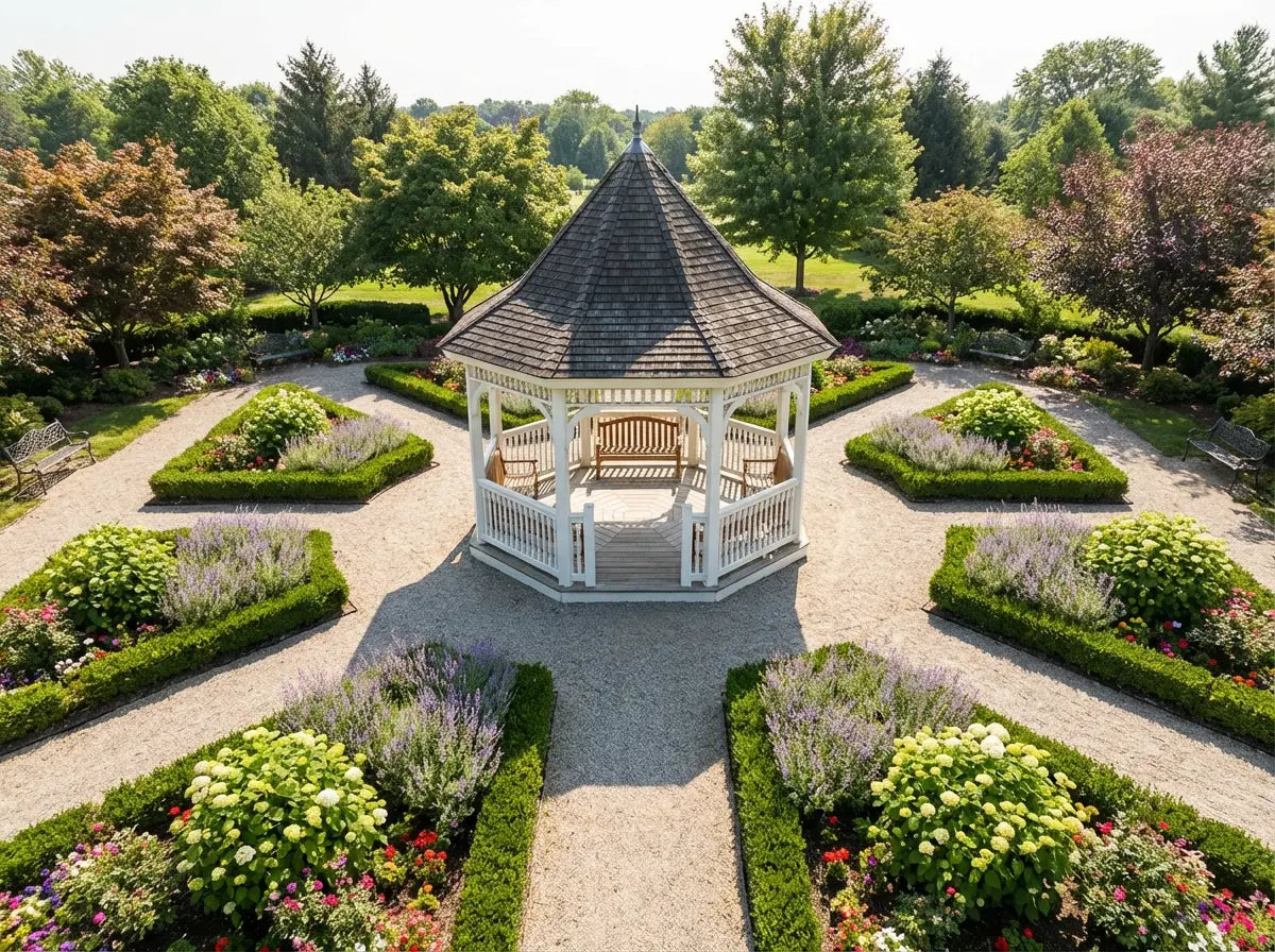 Traditional wooden gazebo as decorative feature in landscaped UK garden